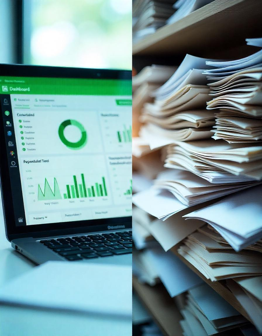Split image showing modern digital governance dashboard alongside traditional paper-based bureaucracy